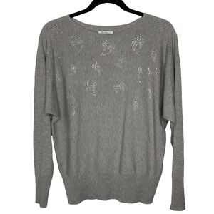Vila Milano Gray Crystal Heart Bat Wing Pullover Sweater